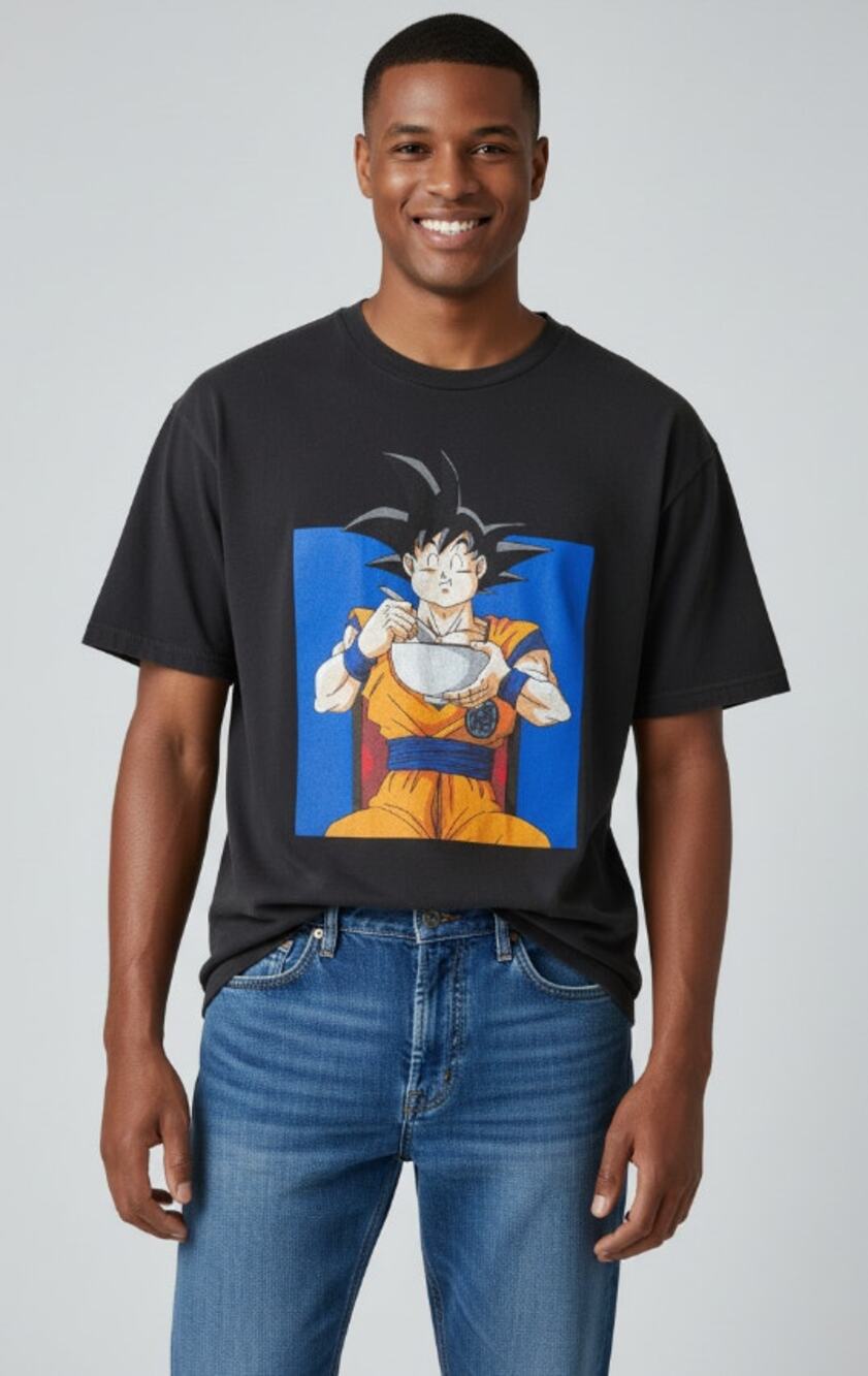 Dragon Ball Z Goku Eating Ramen Black Crewneck Anime T-Shirt Men's Large